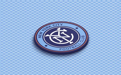 4k, New York City FC isometric logo, 3d art, American soccer club, isometric art, New York City FC, blue background, MLS, USA, soccer, isometric emblem, New York City FClogo