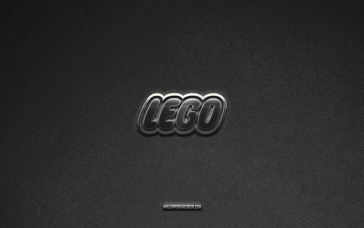 레고 로고, 브랜드, 회색 돌 배경, 레고 엠블럼, 인기있는 로고, 레고, 금속 간판, lego 금속 로고, 돌 질감