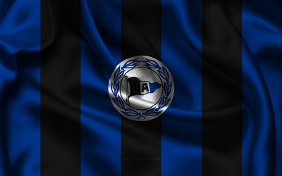 4k, Arminia Bielefeld logo, blue black silk fabric, German football team, Arminia Bielefeld emblem, 2 Bundesliga, Arminia Bielefeld, Germany, football, Arminia Bielefeld flag, DSC Arminia Bielefeld