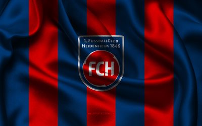4k, logotipo do 1 fc heidenheim, tecido de seda vermelho azul, time de futebol alemão, 1 emblema do fc heidenheim, 2 bundesliga, 1 fc heidenheim, alemanha, futebol americano, 1 bandeira do fc heidenheim