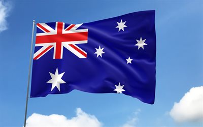 bandeira da austrália no mastro, 4k, países da oceania, céu azul, bandeira da austrália, bandeiras de cetim onduladas, bandeira australiana, símbolos nacionais australianos, mastro com bandeiras, dia da austrália, oceânia, austrália