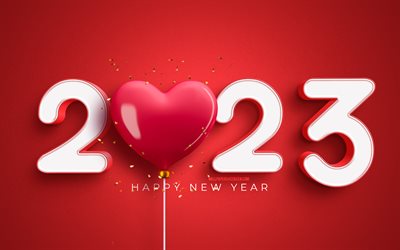 2023 Happy New Year, pink 3D heart, white 3D digits, 4k, 2023 concepts, 2023 3D digits, I love 2023, Happy New Year 2023, creative, 2023 white digits, 2023 pink background, 2023 year
