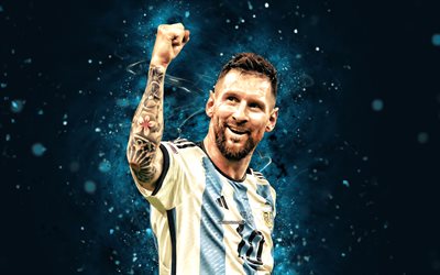 4k, Lionel Messi, Qatar 2022, joy, Argentina National Football Team, blue neon lights, soccer, footballers, red abstract background, Leo Messi, Argentinean football team, Lionel Messi 4K