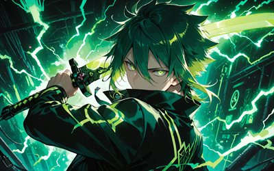 4k, ميكاج, معركة, السيف الاخضر, يوميكورو, اضاءات خضراء, الظلام, عيون خضراء, شخصيات يوميكورو, yume shokunin إلى wasureji no kuroi yousei, مانغا, ميكاجي يوميكورو