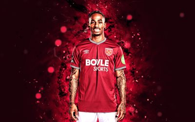 Crysencio Summerville, 4k, purple neon lights, West Ham United, Premier League, Dutch footballers, Crysencio Summerville 4K, football, soccer, West Ham United FC, Crysencio Summerville West Ham United