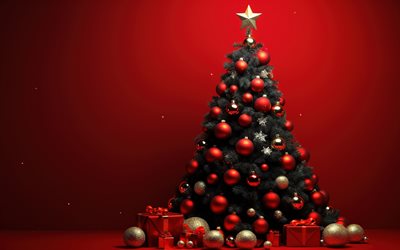 weihnachtsbaum mit roten kugeln, frohes neues jahr, frohe weihnachten, weihnachtsbaum, roter hintergrund, hintergrund für weihnachtskarten, weihnachtskonzepte