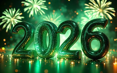 2026 green 3D digits, 4k, green fireworks, Happy New Year, bokeh, night, 2026 concepts, creative, 2026 3D digits, 2026 inscription, 2026 green digits, 2026 New Year, 2026 art