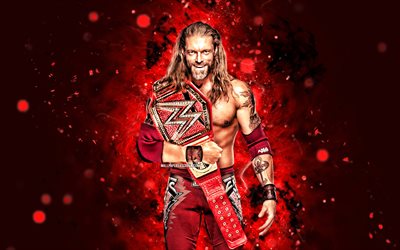 Edge, 4k, red neon lights, WWE, creative, canadian wrestler, Adam Joseph Copeland, Edge with belts, red abstract background, World Wrestling Entertainment, wrestlers, Edge 4K