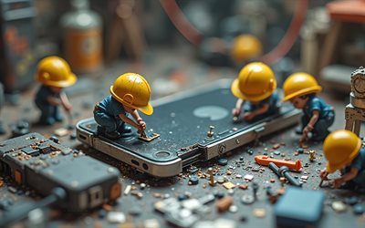 Small workers repairing phones, 4K, smartphone repair concepts, device repair concepts, creative art, repairmen, smartphone repair