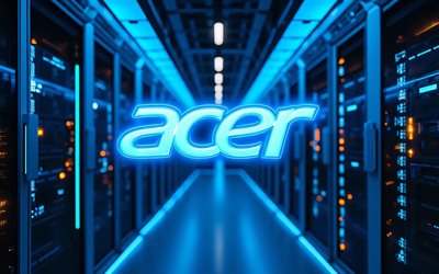 Acer blue neon logo, 4k, darkness, electronics brands, datacenter racks, artwork, Acer logo, bokeh, brands logo, Acer neon logo, Acer, brands, Acer blue logo