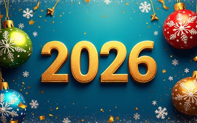2026 felice anno nuovo, sfondo blu, numeri 3d in oro 2026, biglietto d'auguri blu 2026, palle di natale multicolori, buon anno 2026, arte, concetti del 2026, 2026 capodanno