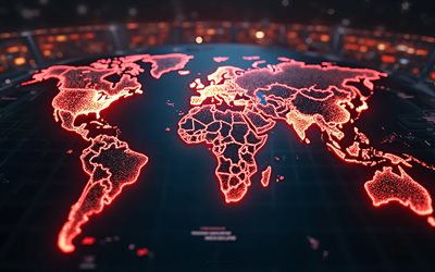 World map, red glowing world map, glowing world map silhouette, world map background, world map concepts, world digital technologies