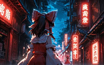 4k, reimu hakurei, vista trasera, luces de neón rojas, touhou, calle, noche, protagonista, hakurei reimu, manga japonés, personajes de anime, proyecto touhou, personajes touhou, reimu hakurei touhou