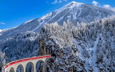 Graubunden, Landwasser viaduct, mountains, winter, railroad, Alps, Switzerland