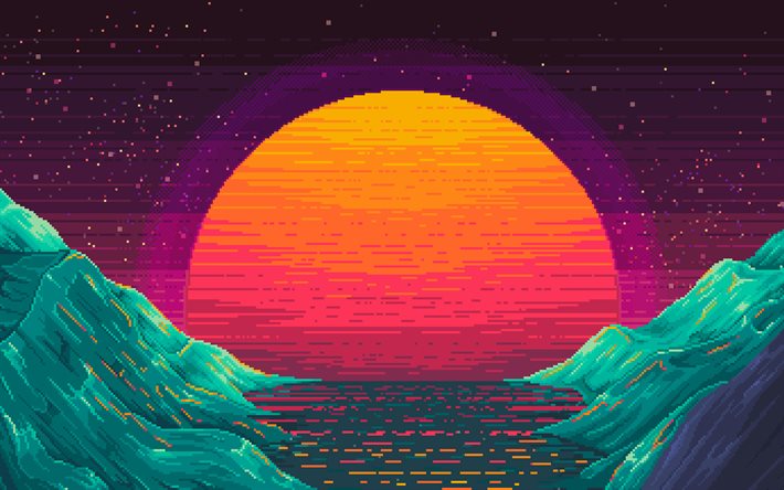 sunset, 4k, pixel art, creative, abstract landscapes, sun, abstract nature