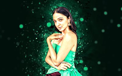 kiara advani, 4k, néons turquoises, actrice indienne, bollywood, stars du cinéma, ouvrages d'art, photo avec kiara advani, célébrité indienne, kiara advani 4k