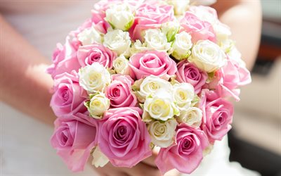 गुलाब का गुलदस्ता, 4k, गुलाब के फूल, सफेद गुलाब, गुलाबी और सफेद गुलदस्ता, दुल्हन का गुलदस्ता