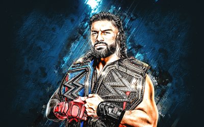 Roman Reigns, portrait, belts, american wrestler, blue stone background, WWE, USA, wrestling, WWE Champion