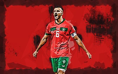 4k, Romain Saiss, grunge art, Morocco National Football Team, red grunge lights, soccer, footballers, red abstract background, Moroccan football team, Romain Saiss 4K