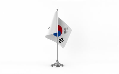 4k, bandera de mesa de corea del sur, fondo blanco, bandera de corea del sur, bandera de corea del sur en palo de metal, símbolos nacionales, corea del sur