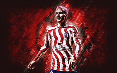 Antoine Griezmann, Atlético Madrid, French football player, midfielder, red stone background, Griezmann pink hair, La Liga, Spain, football