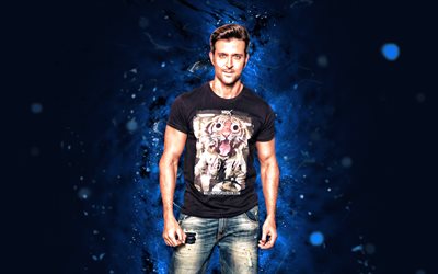 Hrithik Roshan, 4k, blue neon lights, indian actor, Bollywood, movie stars, artwork, picture with Hrithik Roshan, indian celebrity, Hrithik Roshan 4k