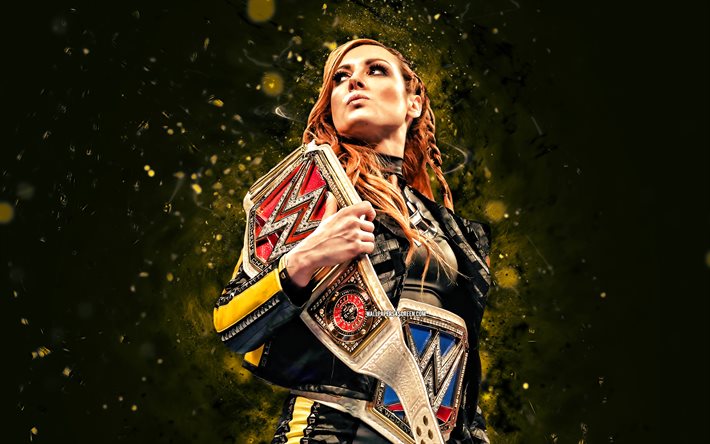 Becky Lynch, 4k, yellow neon lights, WWE, World Wrestling Entertainment, yellow abstract background, Irish wrestlers, Rebecca Quin, Wrestling, Becky Lynch with belts, creative, Becky Lynch 4K