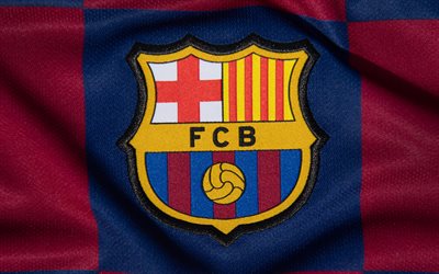 stofflogo des fc barcelona, 4k, fan art, liga, flagge des fc barcelona, spanischer fußballverein, fc barcelona logo, fußball, blauer grunge hintergrund, fc barcelona emblem, fc barcelona, fcb