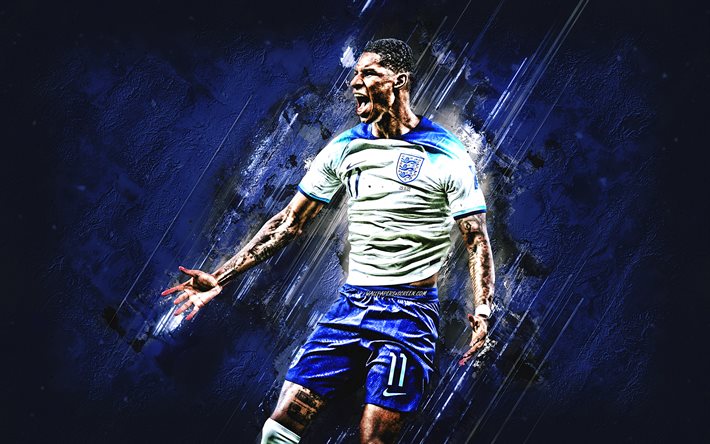 Marcus Rashford, England national football team, English football player, blue stone background, England, football