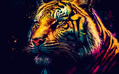 4k, 虎, 捕食者, 美術, 虎の絵, 危険な動物, 野良猫, トラ