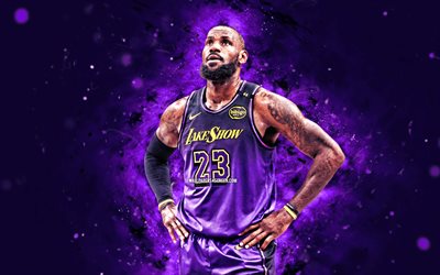 LeBron James, 4k, violet neon lights, Los Angeles Lakers, NBA, American basketball players, LeBron James 4K, basketball, National Basketball Association, LeBron James Lakers, LA Lakers