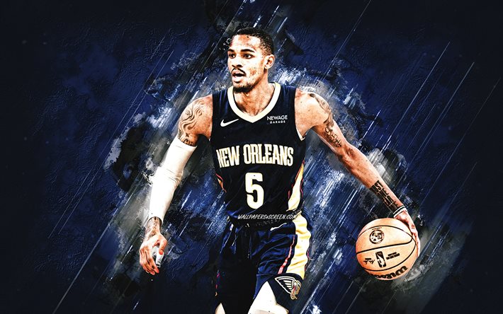 dejounte murray, pellicani di new orleans, giocatore di basket americano, sfondo di pietra blu, grunge art, nba, pallacanestro, usa