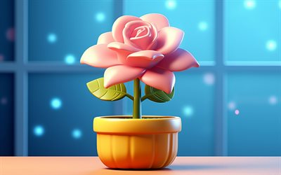 4k, pembe gül, 3d sanat, saksı, güzel çiçekler, pembe güller, gül ile arka plan, 3d gül
