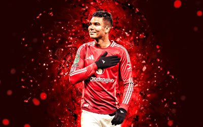 casemiro, 4k, luci al neon rossa, manchester united, premier league, calciatori brasiliani, casemiro 4k, calcio, casemiro manchester united, man united