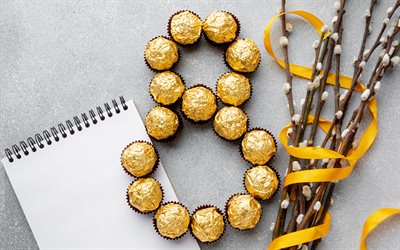 4k, happy 8 märz, weidenzweige, süßigkeiten, happy womens day, violettes hintergrund, 8 märz vorlage, internationaler frauentag, 8 märz grußkarte, 8 märz