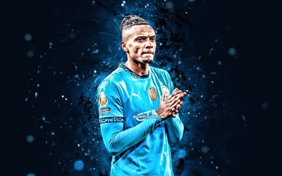 4k, manuel akanji, sininen abstrakti tausta, manchester city fc, premier league, sveitsiläiset jalkapalloilijat, manuel akanji 4k, jalkapallo, siniset neonvalot, manuel akanji manchester city, man city