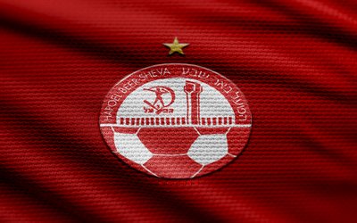 hapoel beer sheva logo, 4k, خلفية النسيج الأحمر, ليغات هال, خوخه, كرة القدم, hapoel beer sheva lood, hapoel beer sheva embell, هابويل بيرة شيفا, الدوري الإسرائيلي الممتاز, نادي كرة القدم الإسرائيلي, hapoel beer sheva fc