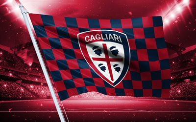 4k, logo cagliari calcio, club de football italien, drapeau du stade, drapeau des ventilateurs de cagliari calcio, drapeau bordeaux bleu, emblème de calcio cagliari, serie a, italie, football, cagliari fc