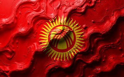 kirgisstanflagga, 4k, stenvågstruktur, kirgisstan flagga, 3d kirgizistan flagga, asien, flaggor från asiatiska länder, kirgisstan