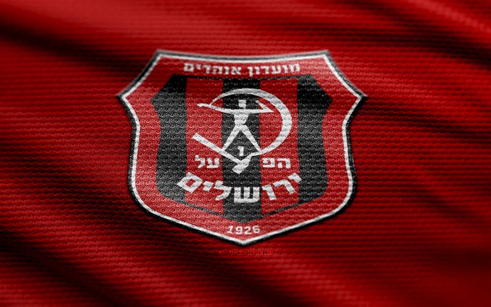 hapoel jérusalem fabric logo, 4k, contexte de tissu rouge, ligat haal, bokeh, football, hapoel jérusalem logo, hapoel jérusalem emblem, hapoel jérusalem, premier league israélienne, club de football israélien, hapoel jérusalem fc