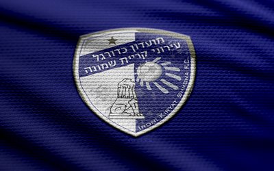 Kiryat Shmona fabric logo, 4k, blue fabric background, Ligat HaAl, bokeh, soccer, Kiryat Shmona logo, football, Kiryat Shmona emblem, Kiryat Shmona, Israeli Premier League, Israeli football club, Kiryat Shmona FC