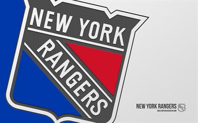 new york rangers  logo, 4k, sininen punainen tausta, hiilitaide, new york rangers  merkki, amerikkalainen jääkiekkokerho, nhl, yhdysvallat, new york rangers, jääkiekko