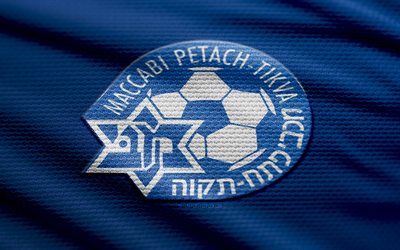 Maccabi Petah Tikva fabric logo, 4k, blue fabric background, Ligat HaAl, bokeh, soccer, Maccabi Petah Tikva logo, football, Maccabi Petah Tikva emblem, Maccabi Petah Tikva, Israeli Premier League, Israeli football club, Maccabi Petah Tikva FC