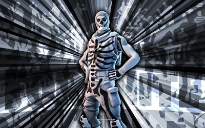 4k, Inverted Skull Trooper, gray rays background, Inverted Skull Trooper Skin, Inverted Skull Trooper Fortnite, abstract art, Fortnite Inverted Skull Trooper Skin, Fortnite characters, Fortnite, creative art