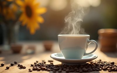 4k, white cup with coffee, morning, sunflowers, bokeh, breakfast concepts, wooden table, close-up, coffee beans, white cup, steam from coffee, cups, croissant, breakfast, cup with coffee