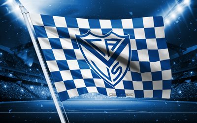 4k, Velez Sarsfield logo, Argentina football club, stadium flag, Velez Sarsfield fans flag, blue white flag, Velez Sarsfield emblem, Argentina Primera Division, Argentina, football, Velez Sarsfield