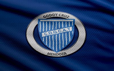 Godoy Cruz fabric logo, 4k, blue fabric background, Primera Nacional, bokeh, soccer, Godoy Cruz logo, football, Godoy Cruz emblem, Godoy Cruz, Argentine football club, Godoy Cruz FC