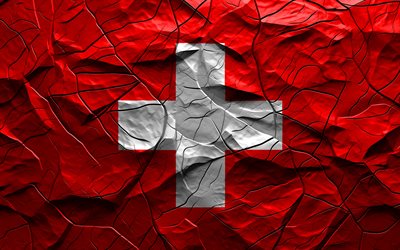 4k, bandera de suiza, textura de piedra, europa, bandera de suiza 3d, fondo con grietas, suiza, bandera suiza