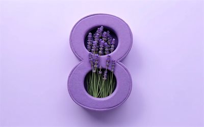 8 de marzo, 4k, tarjeta morada del 8 de marzo, lavanda morada, jarrón número 8, día internacional de la mujer, tarjeta del 8 de marzo con lavanda, tarjeta de felicitación del día internacional de la mujer, lavanda, conceptos del 8 de marzo