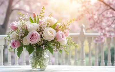 bouquet printanier dans un vase en cristal, 4k, roses roses, roses blanches, fleurs de printemps, tulipes, roses, bouquet de roses, bouquet délicat